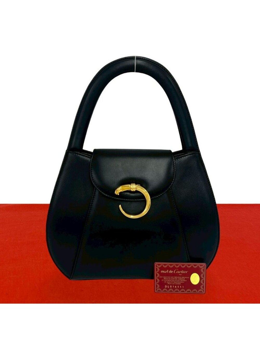Cartier Vintage Panthere Line Leather Handbag Mini Tote Black